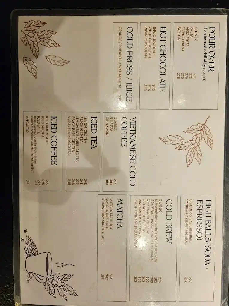 Scan of the venue's printed cold-drinks and pour-over card.